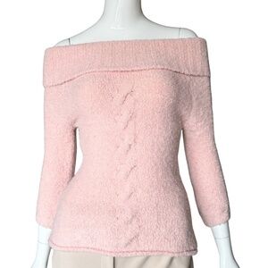 Arden B Pink Off-Shoulder Stretchy Chenille Sweater With 3/4 Sleeves Size Large